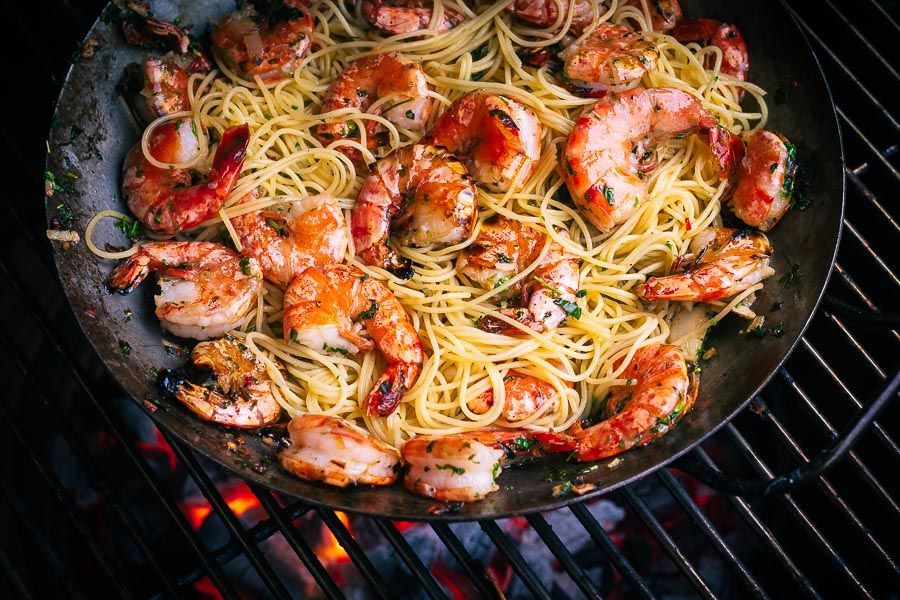Gegrilde scampi met pasta bianco