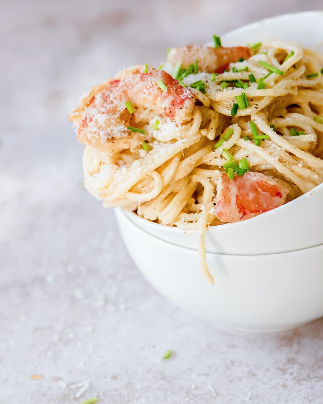 Spaghetti met een garnalen bisque roomsaus