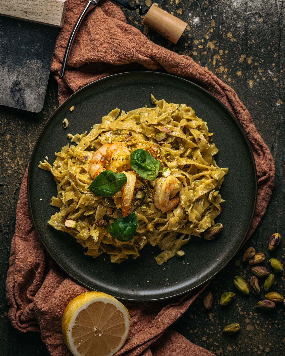 Zelfgemaakte tagliatelle van pistache met romige scampi 🤤🍤