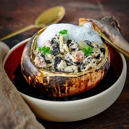 Ui, spek, Breydelham, truffel en parmezaanschuim