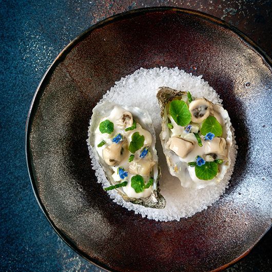 Oesters met daikonsalade en oestercrème