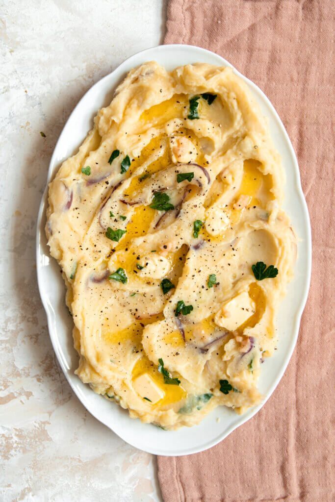 Aardappelpuree met ui en knoflook