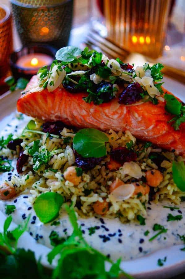 Zalm uit de oven met pilav rijst