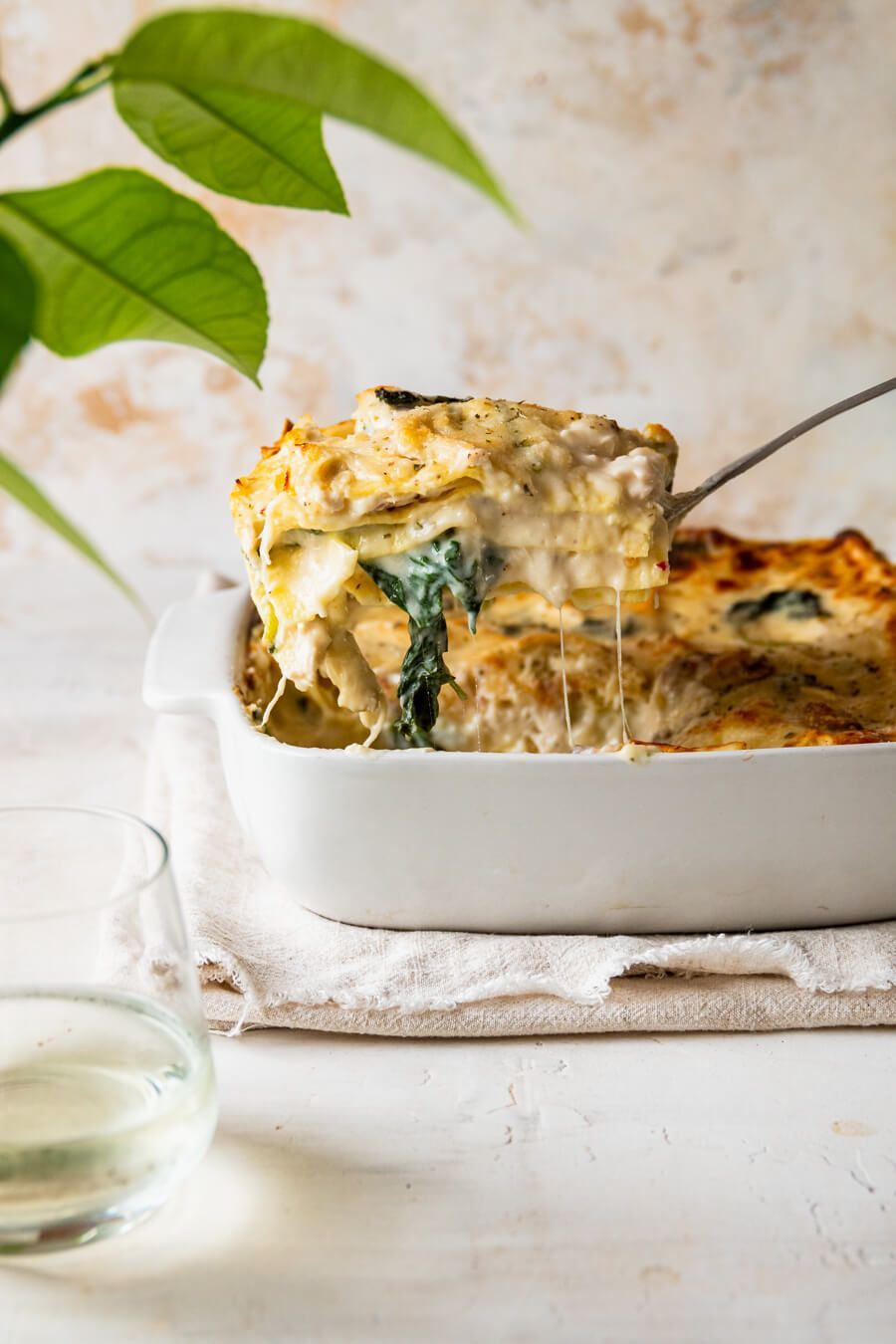 Lasagne met kip, spinazie en champignons