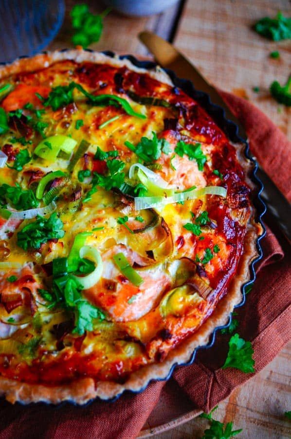 Quiche met zalm, prei en kruidenkaas