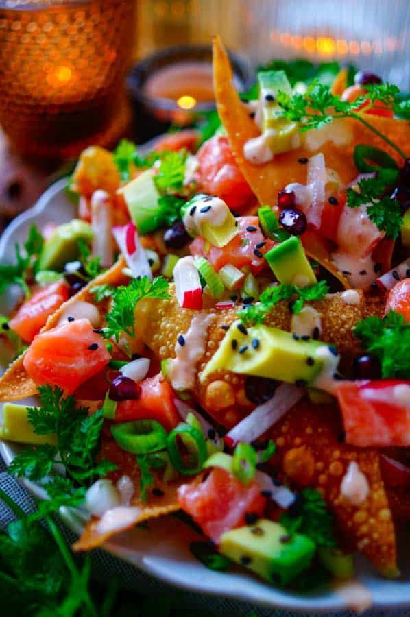 Wonton nacho’s met zalm