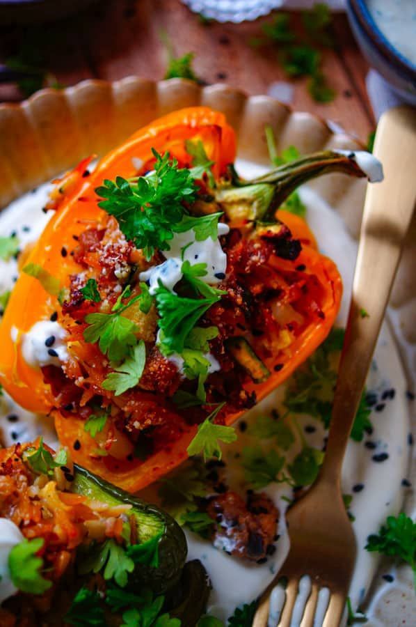 Gevulde paprika’s met gehakt en pasta