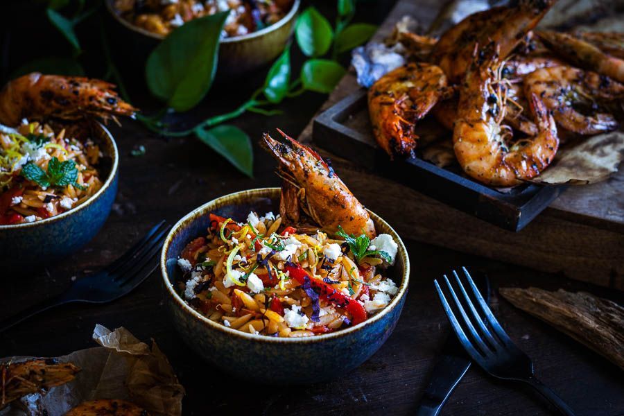 Gegrilde Scampi met Orzo - Rode Pesto - Gegrilde paprika