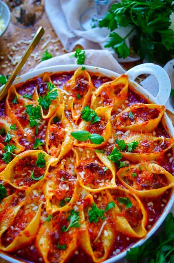 Gevulde pastaschelpen met chorizo en garnalen